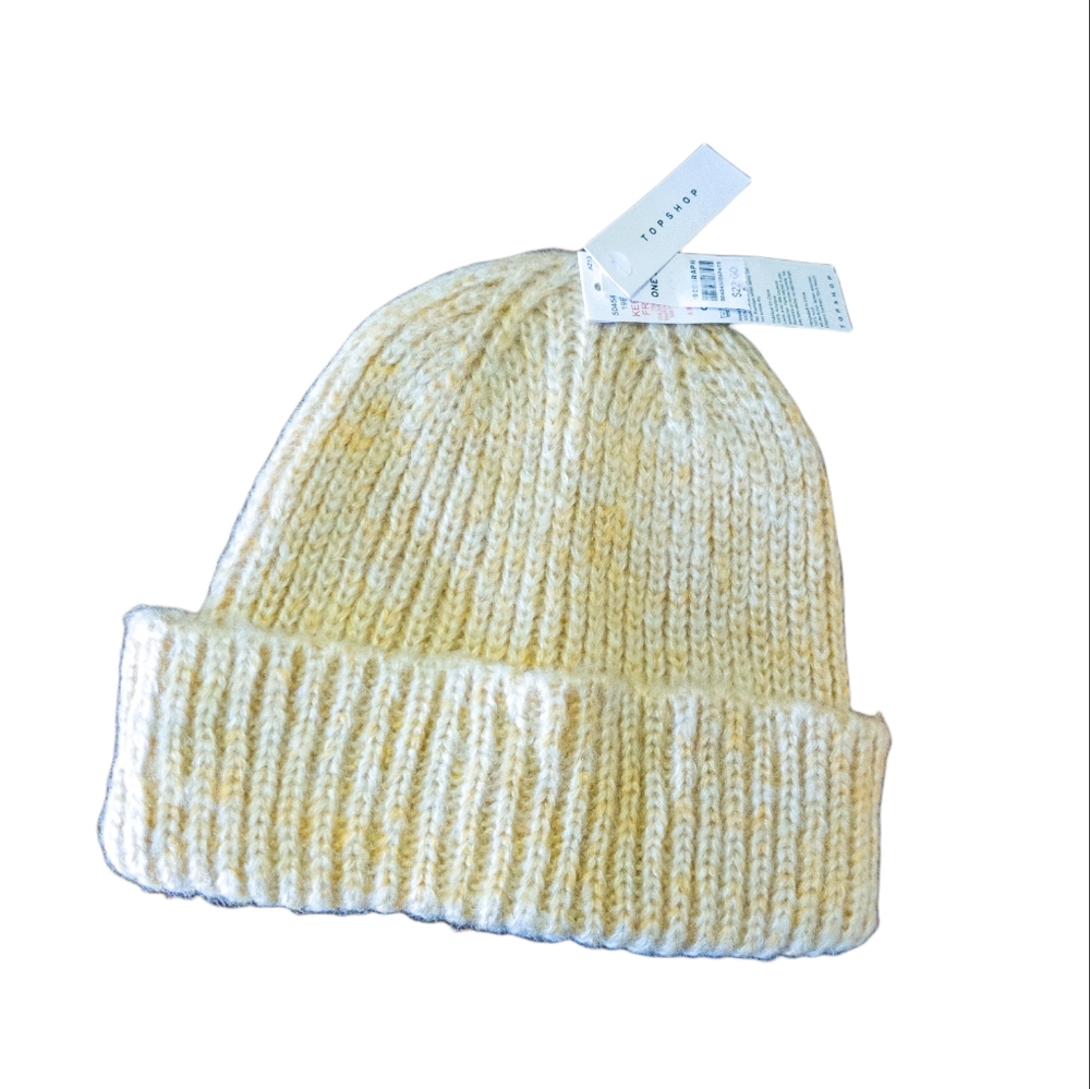 TOPSHOP Women's Chunky Scandi Beanie Winter Hat Yellow & Beige Cap